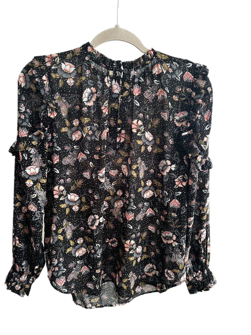 LOFT Black Floral Ruffle-Trim Long Sleeve Blouse